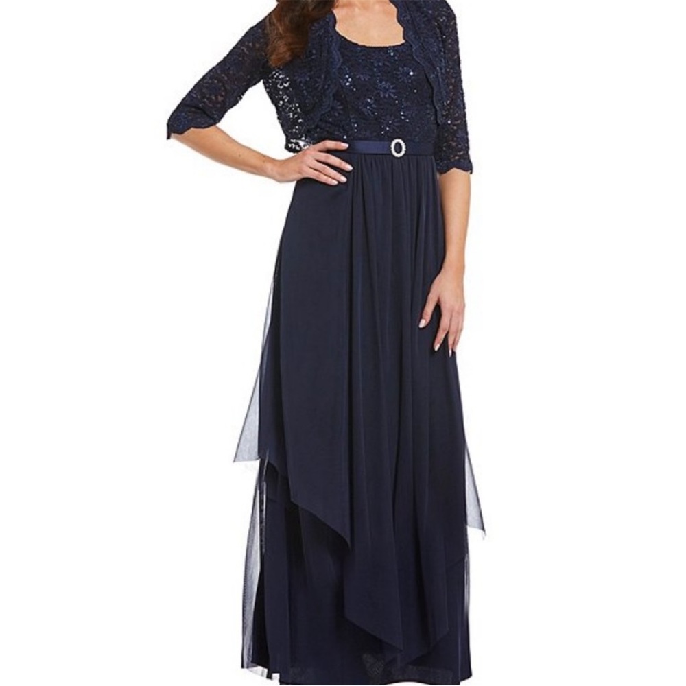 R&M Richards Navy Maxi Dress with Lace Overlay